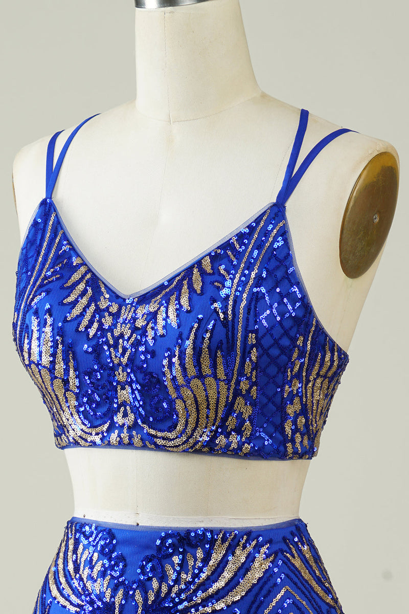 Załaduj obraz do przeglądarki galerii, Royal Blue Dwuczęściowy Glitter Tight Homecoming Dress