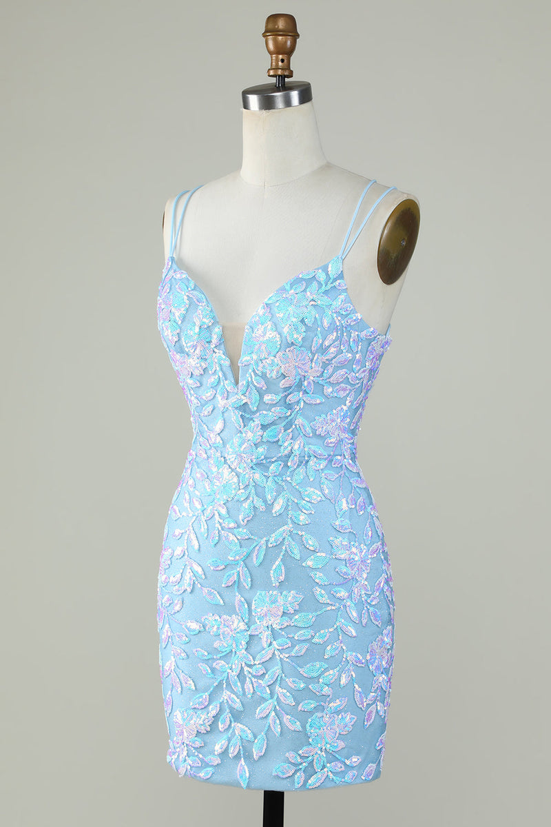 Załaduj obraz do przeglądarki galerii, Jasnoniebieska Błyszcząca Sznurowana Sukienki Na Impreze z Aplikacjami