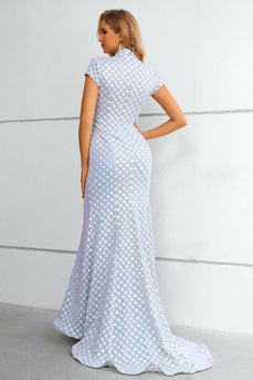 Jasnoniebieski Cekinowy Syrena Sukienka Na Studniówkę w Wysoki Dekolt z Krótkim Rękawem