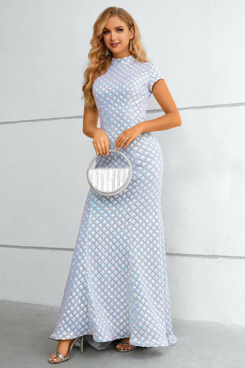 Jasnoniebieski Cekinowy Syrena Sukienka Na Studniówkę w Wysoki Dekolt z Krótkim Rękawem