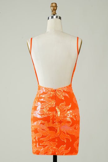 Orange Glitter Tight Homecoming Dress z bez pleców