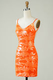 Orange Glitter Tight Homecoming Dress z bez pleców