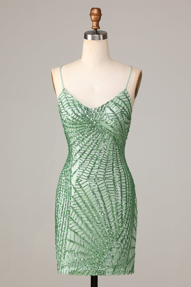 Załaduj obraz do przeglądarki galerii, Cienkich Ramiączkach z Odkrytymi Plecami Zielona Sukienki Koktajlowe