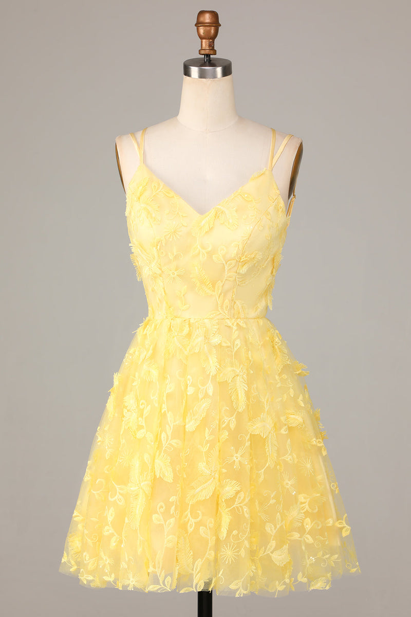 Załaduj obraz do przeglądarki galerii, Linia Cienkich Ramiączkach Żółta Sukienki Koktajlowe z Aplikacjami