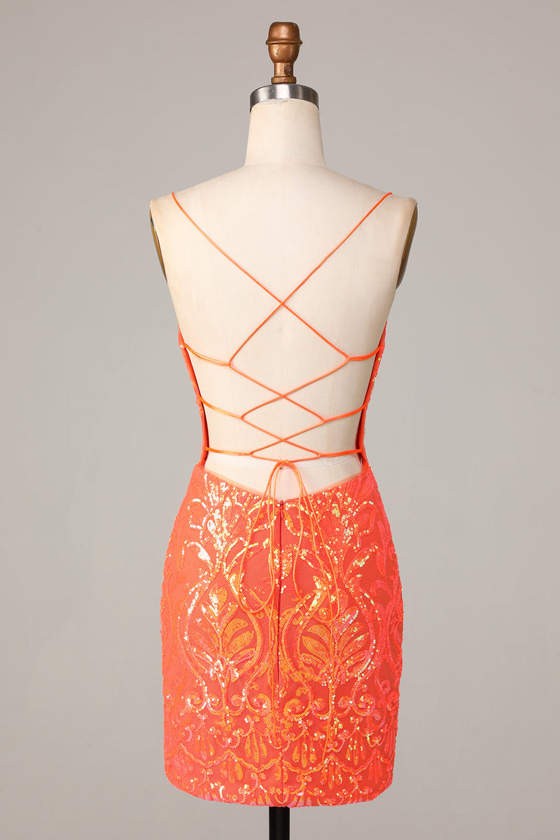 Załaduj obraz do przeglądarki galerii, Cienkich Ramiączkach Pomarańczowa Sukienki Na Impreze z Cekinami