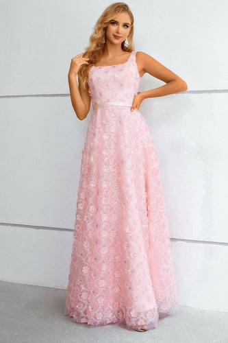 Różowa Sznurowana Sukienka Na Studniówkę z Tyłu w Kwiaty 3D