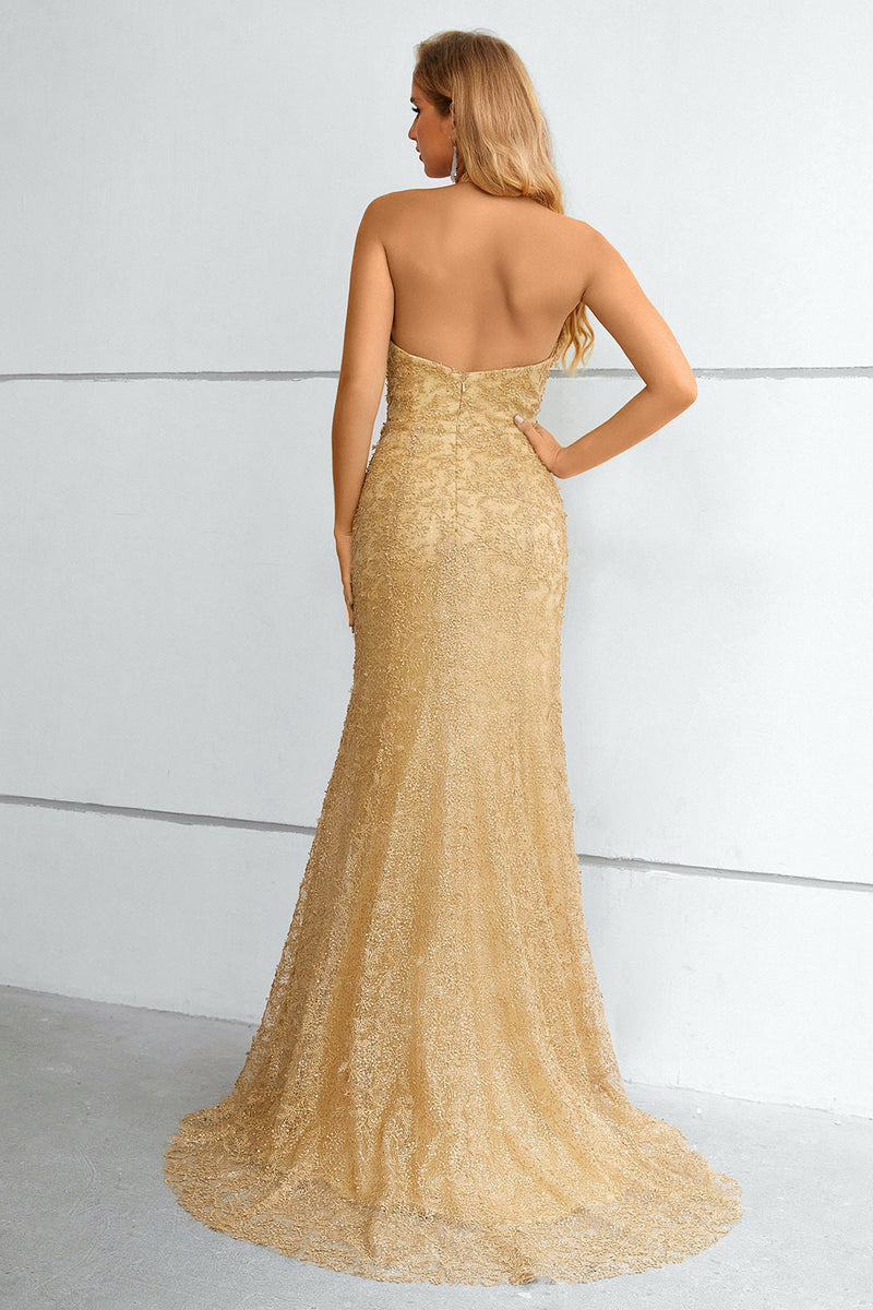 Załaduj obraz do przeglądarki galerii, Złoty Długie Syrenka Sukienka Na Studniówke Z Dekolt Halter
