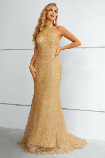 Złoty Długie Syrenka Sukienka Na Studniówke Z Dekolt Halter