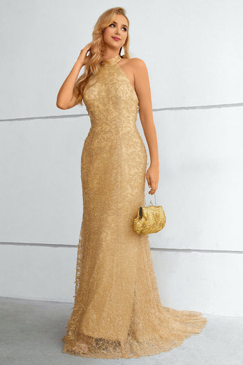 Złoty Długie Syrenka Sukienka Na Studniówke Z Dekolt Halter