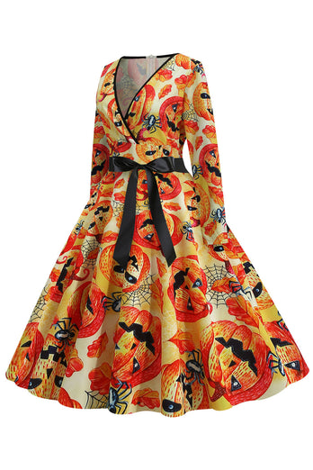 Pomarańczowy Druk Latarni Sukienka Vintage Lata 50 z Rękawami
