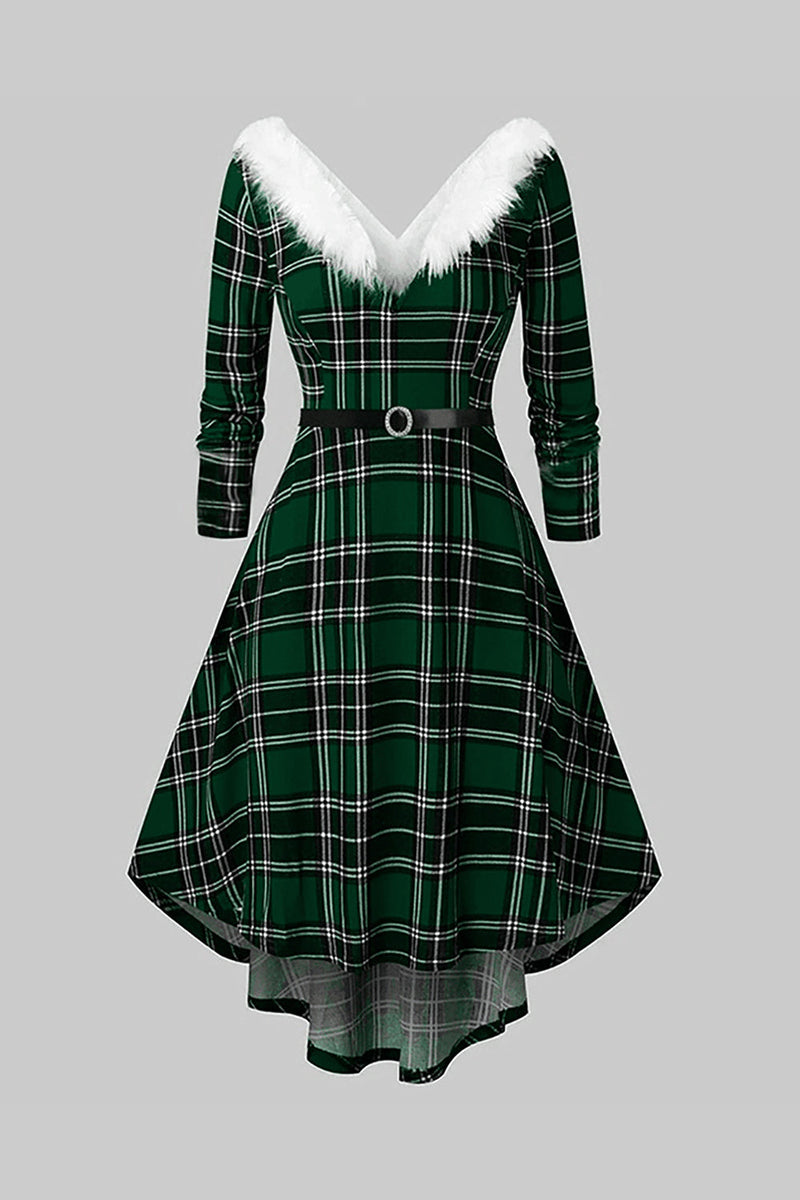 Załaduj obraz do przeglądarki galerii, Dekolt V Zielona Sukienka Świąteczna Lata 50 w Kratę