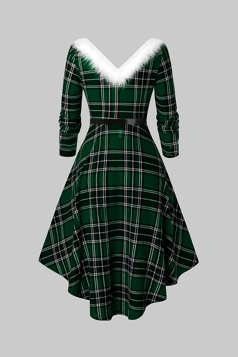 Załaduj obraz do przeglądarki galerii, Dekolt V Zielona Sukienka Świąteczna Lata 50 w Kratę