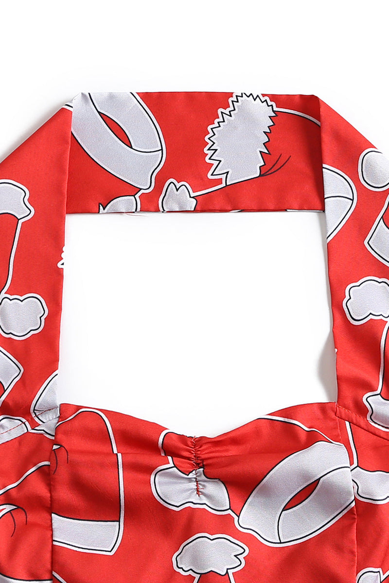 Załaduj obraz do przeglądarki galerii, Czerwona Halter Mikołaj Wydrukowano Sukienka Świąteczna