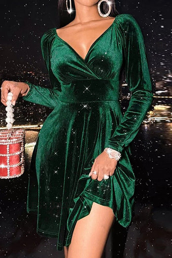 Dekolt V Zielona Aksamitna Sukienka Świąteczna