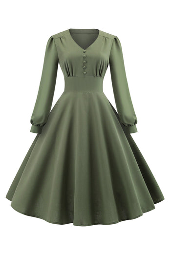 Zielony dekolt w serek z długim rękawem Vintage Swing Dress