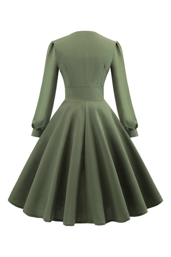 Zielony dekolt w serek z długim rękawem Vintage Swing Dress