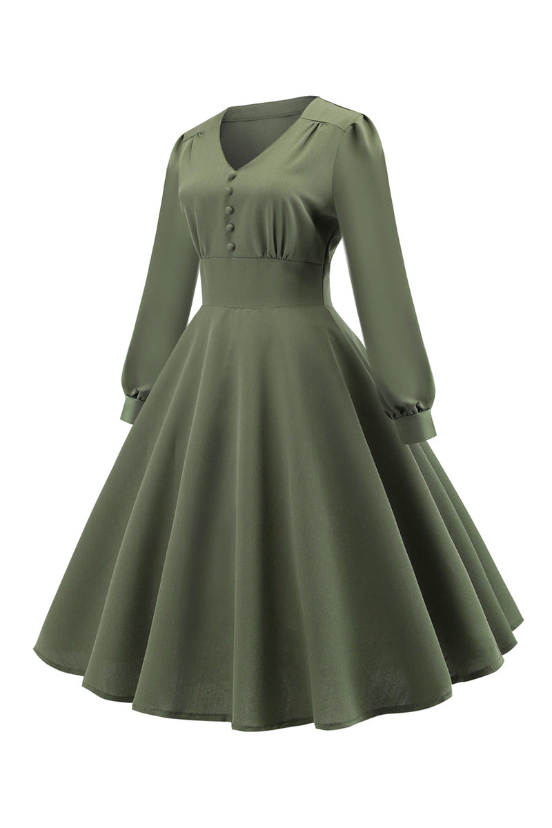 Załaduj obraz do przeglądarki galerii, Zielony dekolt w serek z długim rękawem Vintage Swing Dress