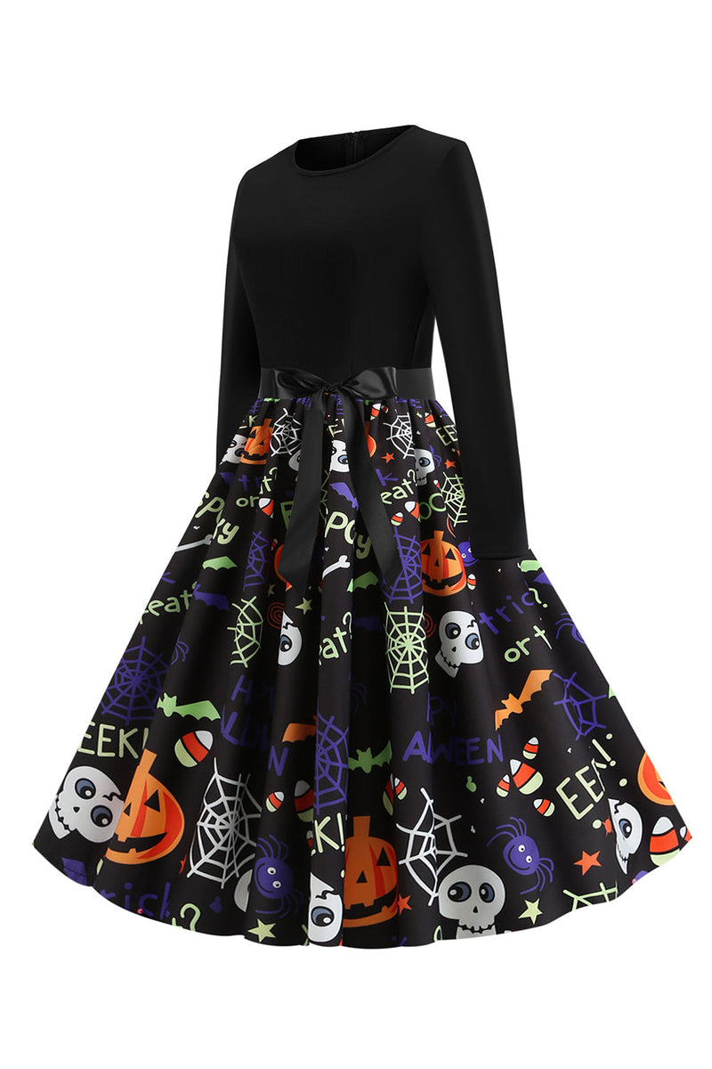 Załaduj obraz do przeglądarki galerii, Halloween Print Sukienka Vintage z długim rękawem