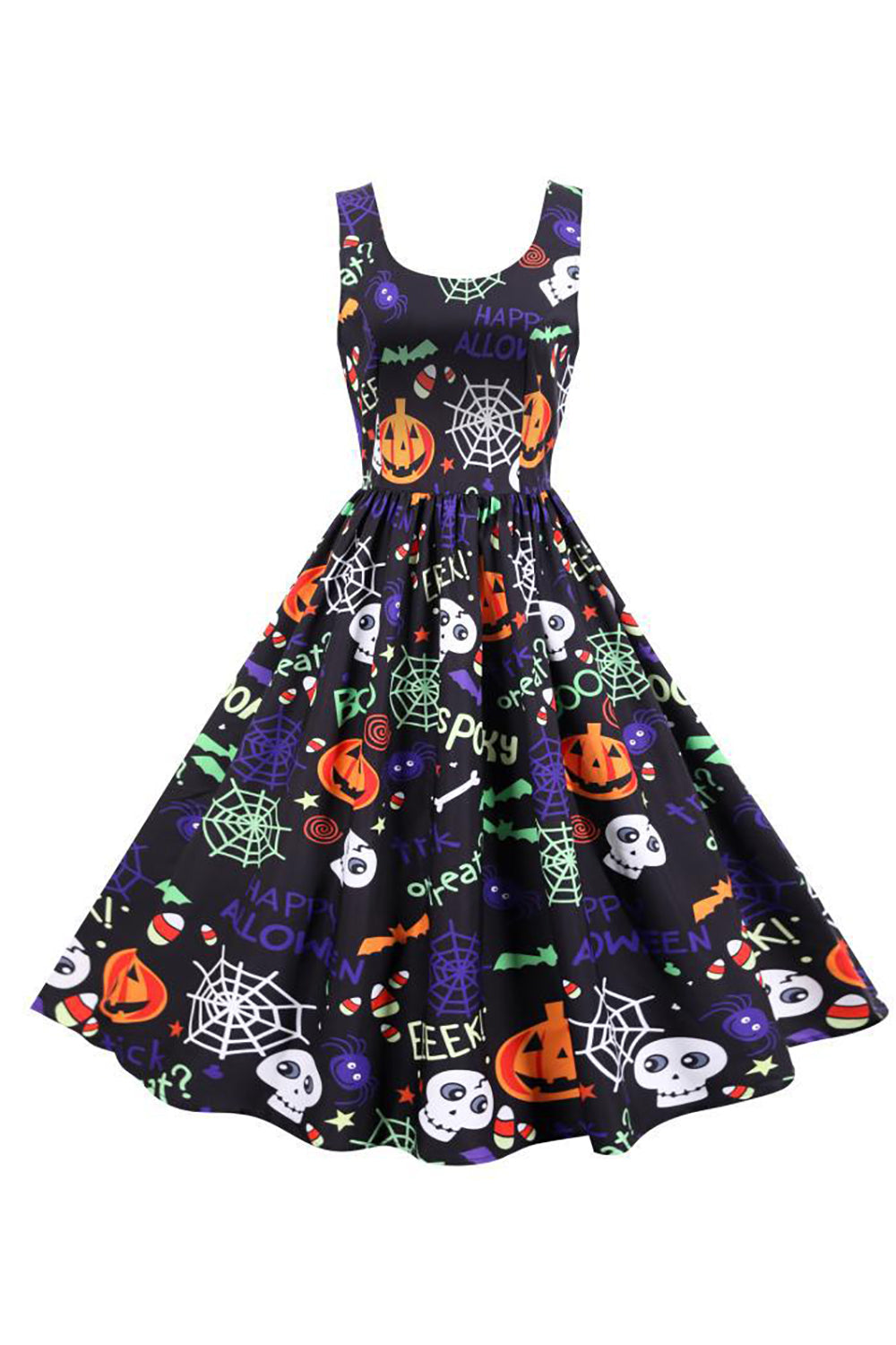 Sukienka Halloween retro bez rękawów z nadrukiem w talii