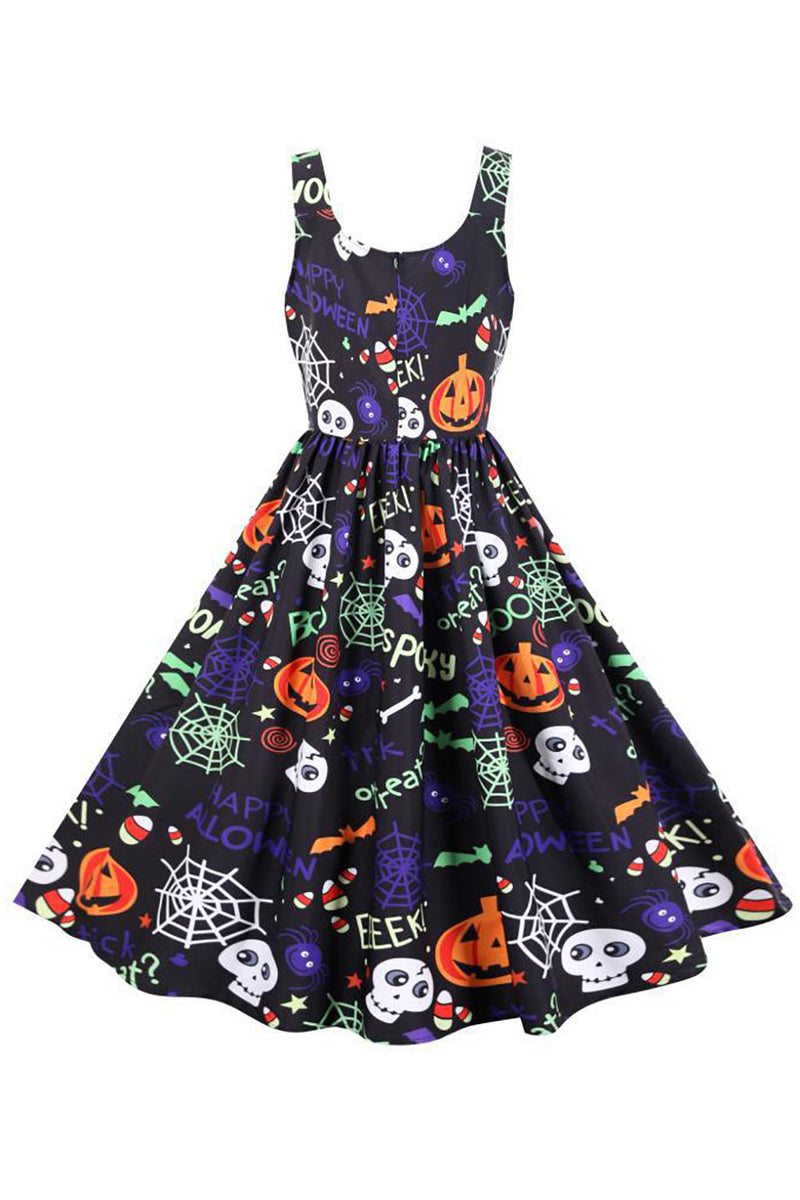 Załaduj obraz do przeglądarki galerii, Sukienka Halloween retro bez rękawów z nadrukiem w talii