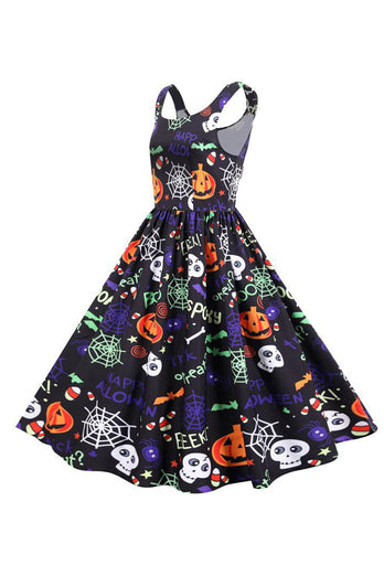Sukienka Halloween retro bez rękawów z nadrukiem w talii