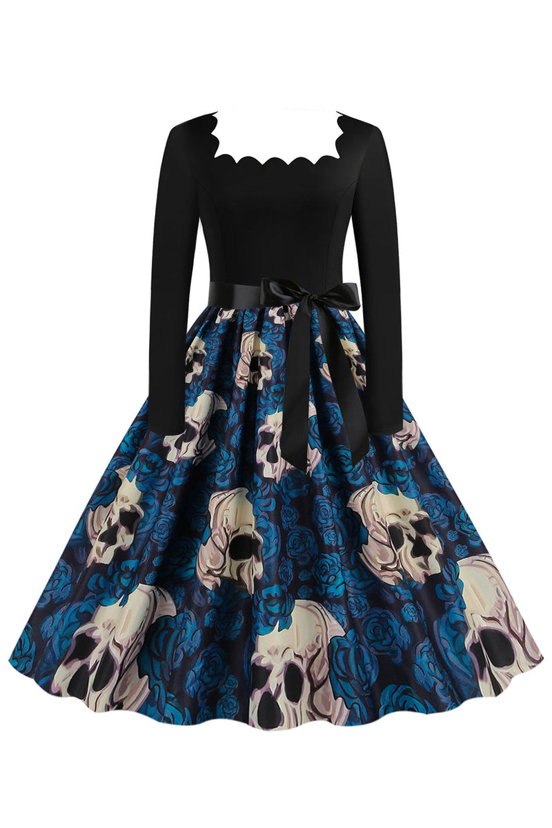 Załaduj obraz do przeglądarki galerii, Halloween Blue Print Długa sukienka z długim rękawem Vintage