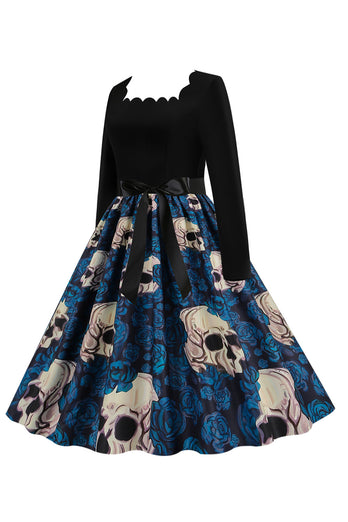 Halloween Blue Print Długa sukienka z długim rękawem Vintage