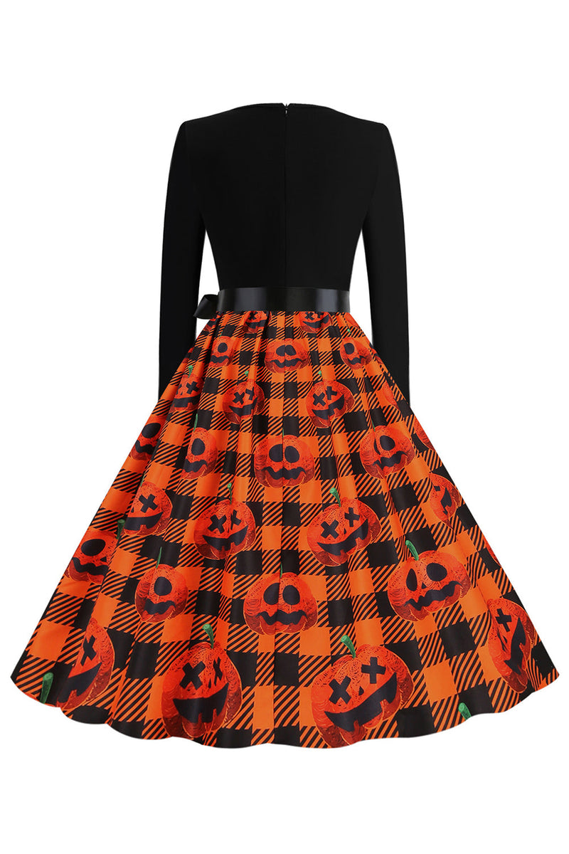 Załaduj obraz do przeglądarki galerii, Pomarańczowa sukienka Halloween Retro z długim rękawem