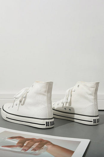 High Top White Lace Up Casual Canvas Sneakers