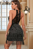 Załaduj obraz do przeglądarki galerii, Czarna sukienka koktajlowa z frytek cekinowych z koronkowym tyłem