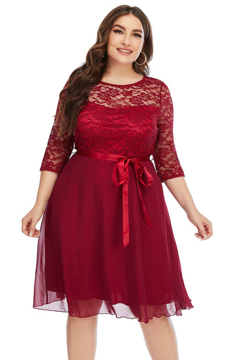 Burgundia Sukienki Koronkowe Plus Size z Rekawem