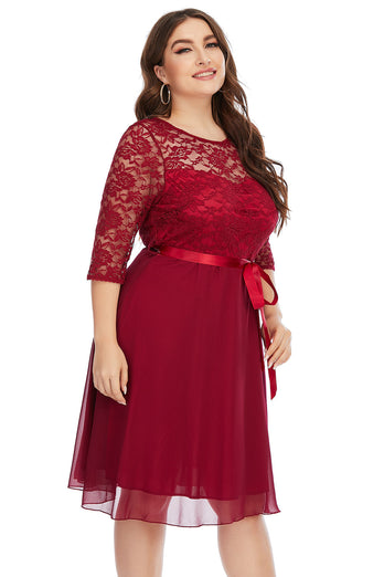 Burgundia Sukienki Koronkowe Plus Size z Rekawem