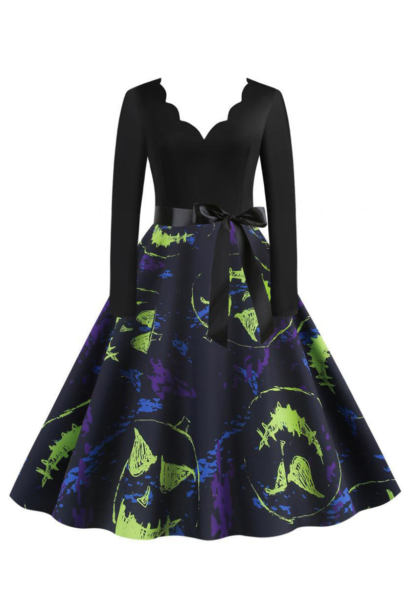 Załaduj obraz do przeglądarki galerii, V Neck Black Halloween Drukowana sukienka vintage