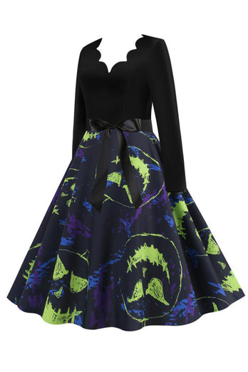 V Neck Black Halloween Drukowana sukienka vintage