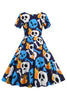 Załaduj obraz do przeglądarki galerii, Czaszka Drukowana Niebieska Halloweenowa Sukienka Retro