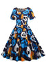 Załaduj obraz do przeglądarki galerii, Czaszka Drukowana Niebieska Halloweenowa Sukienka Retro