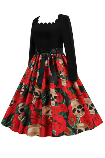 Kwadratowa szyja Red Skull Drukowana Halloween Vintage Sukienka