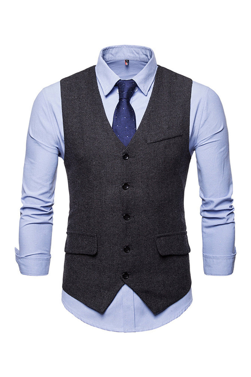 Załaduj obraz do przeglądarki galerii, Jednorzędowe kamizelki w serek w serek Black Men&#39;s Suit Vests