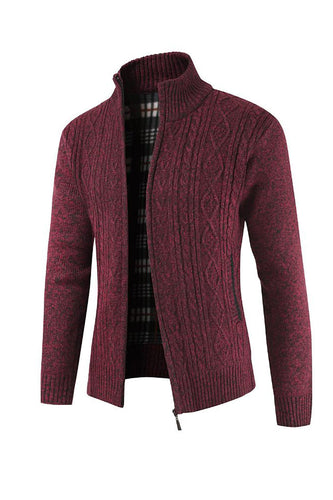 Burgundy Men's Casual Stand Collar Cardigan Zipper Cable Sweter z dzianiny