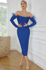 Załaduj obraz do przeglądarki galerii, Królewska Niebieska Sukienka z Odkrytymi Ramionami Sukienki Ołówkowe z Piórkiem