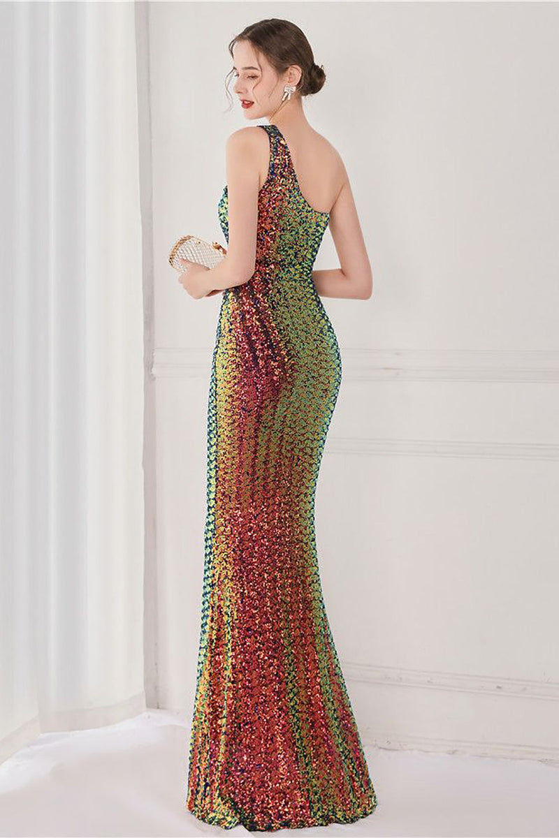 Załaduj obraz do przeglądarki galerii, Kolorowa suknia wieczorowa z jednym ramieniem cekinowa syrena