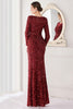 Załaduj obraz do przeglądarki galerii, Bordowa cekinowa suknia wieczorowa z długim rękawem z rozcięciem