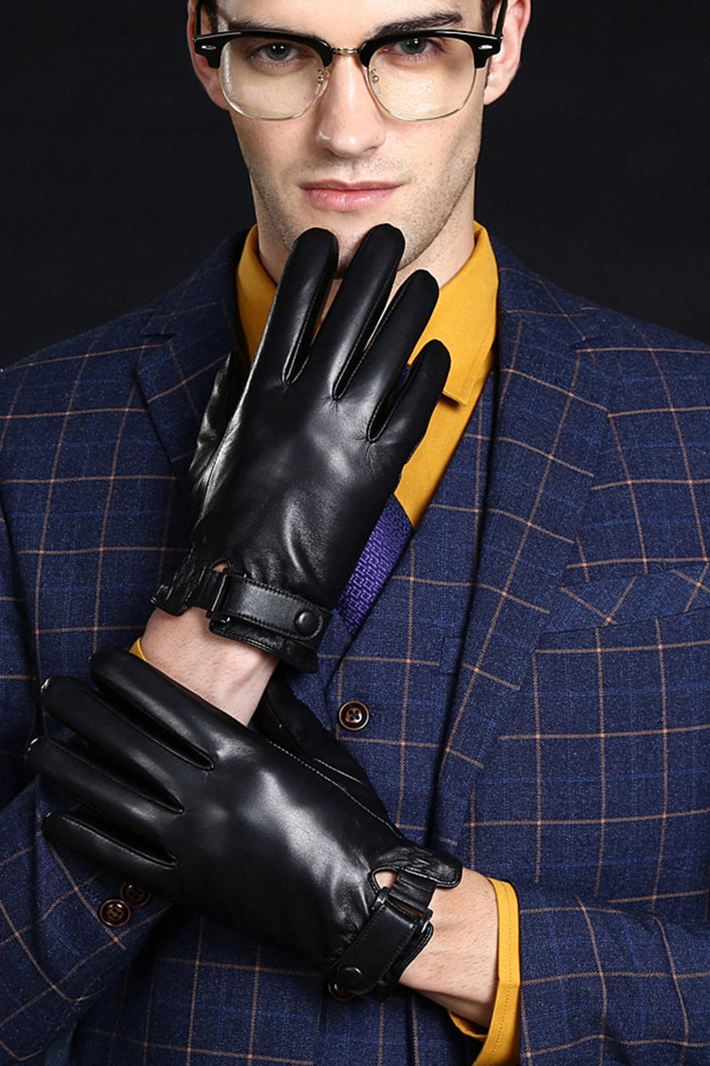 Załaduj obraz do przeglądarki galerii, Czarne Skórzane Rękawiczki Zimowe Dla Mężczyzn