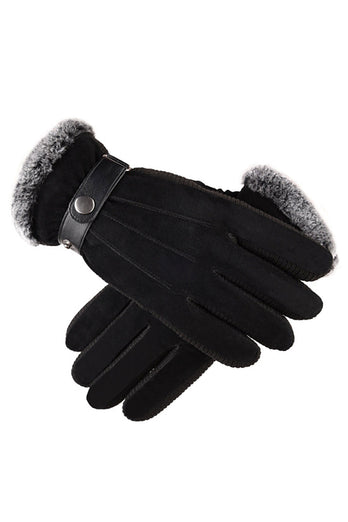 Czarne Sprężone Rękawiczki ze Świńskiej Skóry Warm Winter Men z Piórkiem