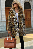 Brązowa karbowana klapa Leopard Midi Faux Fur Coat