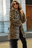 Brązowa karbowana klapa Leopard Midi Faux Fur Coat