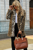 Brązowa karbowana klapa Leopard Midi Faux Fur Coat