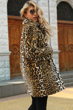 Brązowa karbowana klapa Leopard Midi Faux Fur Coat