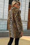 Brązowa karbowana klapa Leopard Midi Faux Fur Coat