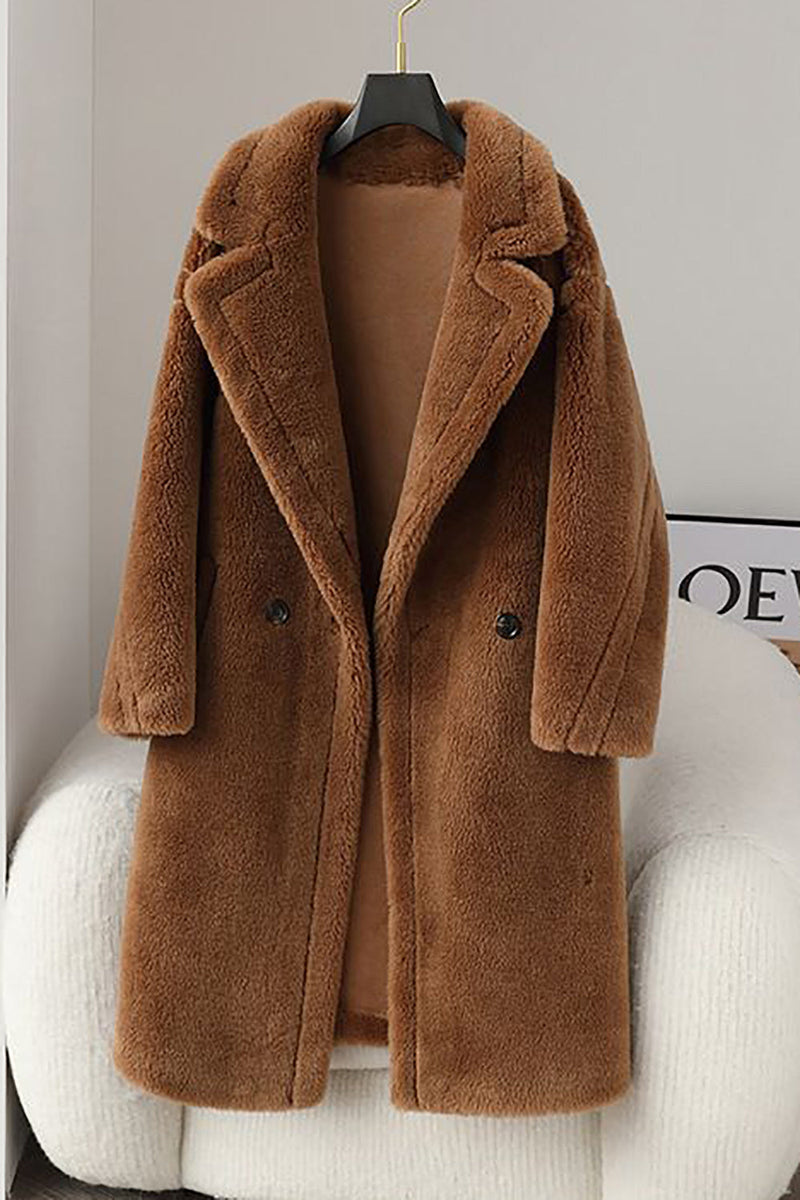 Załaduj obraz do przeglądarki galerii, Brązowy karbowany płaszcz z klapy Długi teddy wool